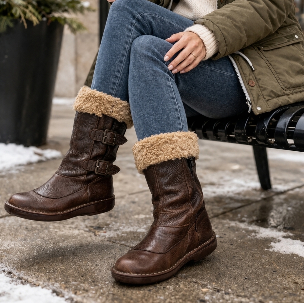 El Naturalista Brown Leather Shearling Cuff Mid Calf Boots Buckle Cozy Size 6